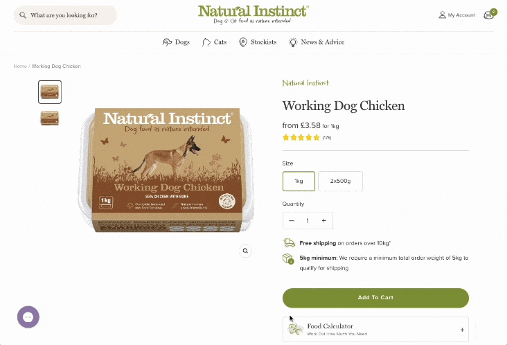 Screen recording showing how to find Natural Instincts dog food calculator on the product pages