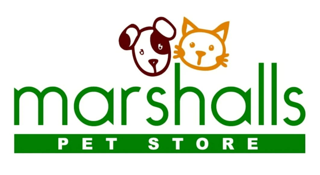 Logo of Marshalls Pet Store with a dog and cat illustration on a white background