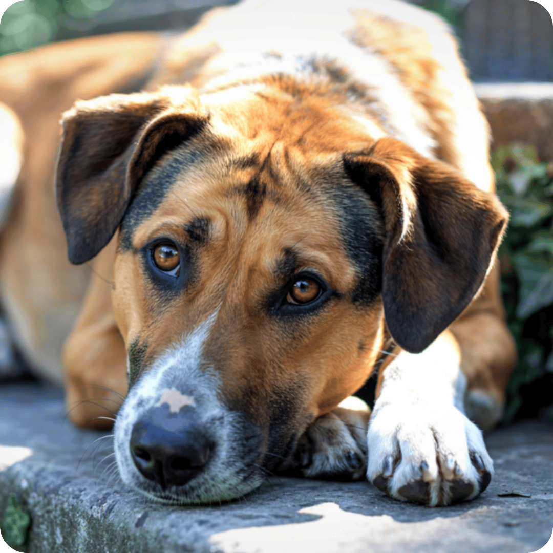 dog lying in the sun looking off to the left
