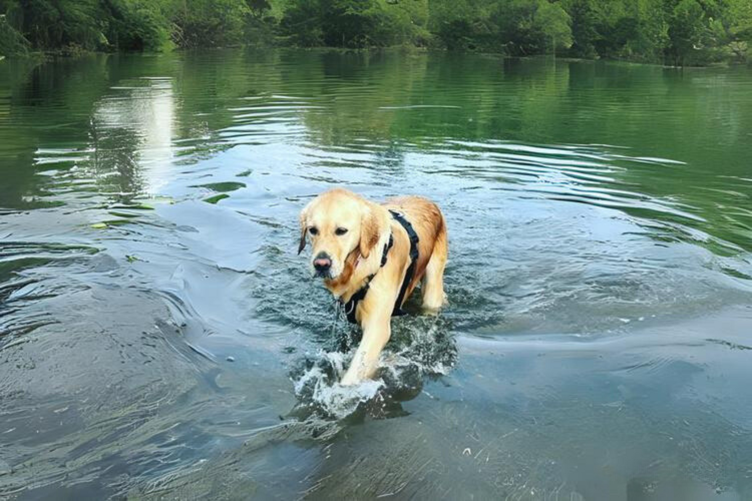 Golden retriever walking in a lake