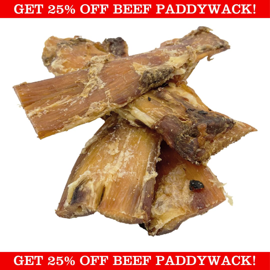 Product Image of Natural Instinct's Beef Paddywack with a "Get 25% off Beed Paddywack!" red banner at the top and bottom