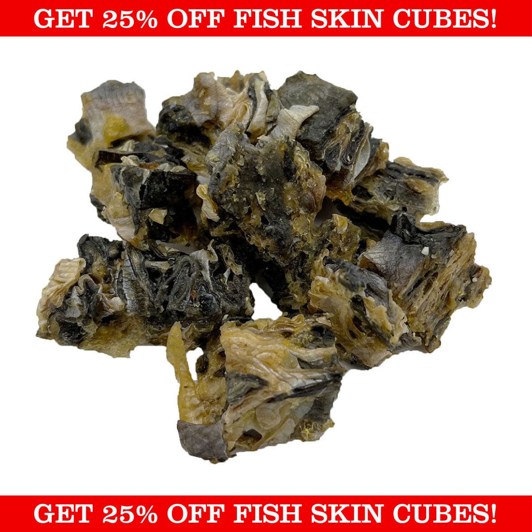 Product Image of Natural Instinct's Fish Skin Cubes with a "Get 25% off fish skin cubes!" red banner at the top and bottom