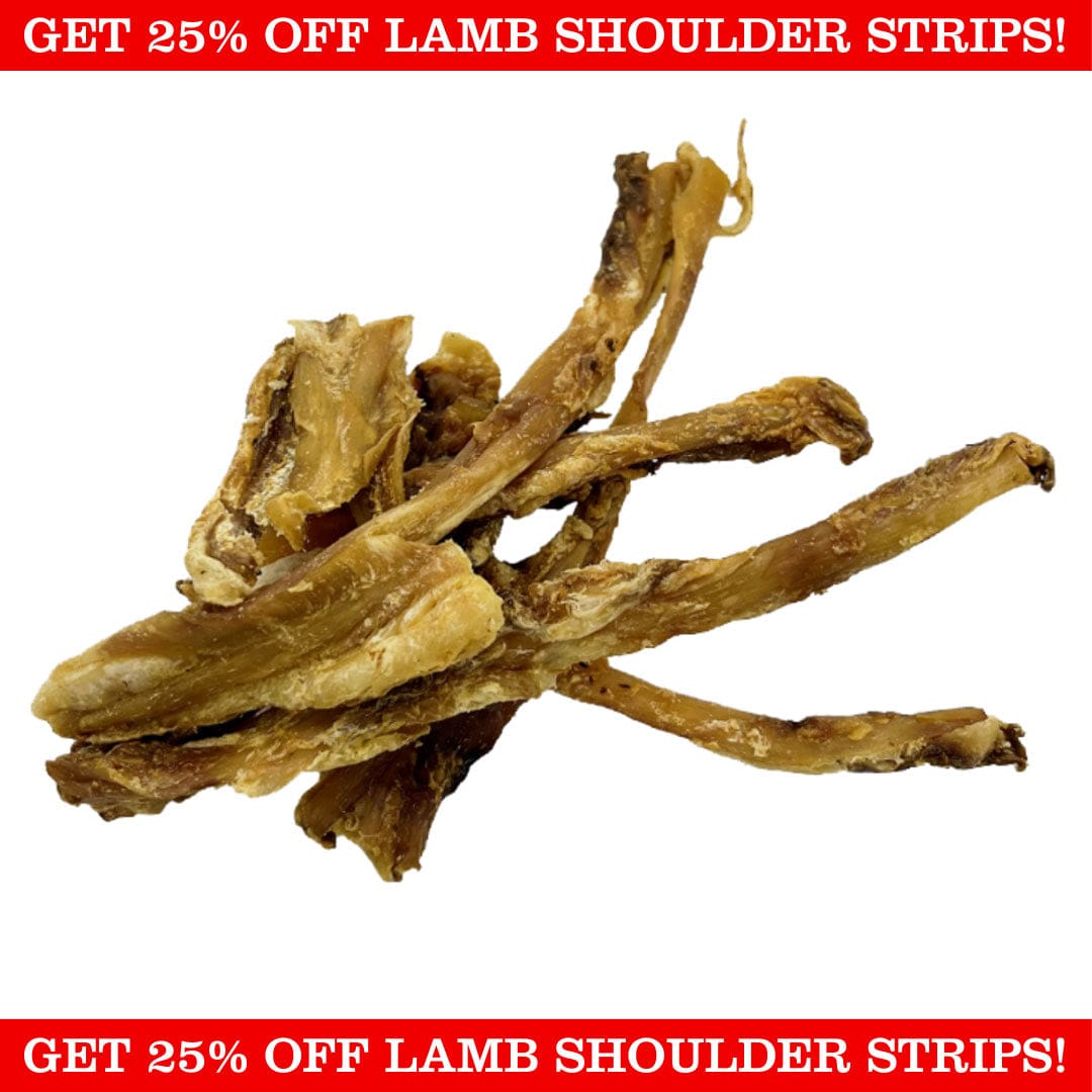 Product Image of Natural Instinct's Lamb Shoulder Strips with a "Get 25% off Lamb Shoulder Strips!" red banner at the top and bottom